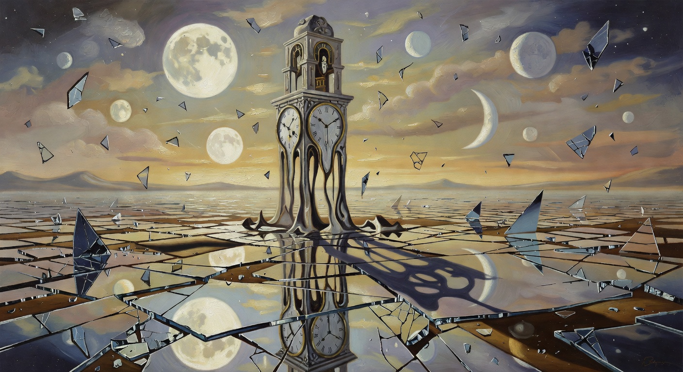 Surreal melting clocktower in a desert of mirrors