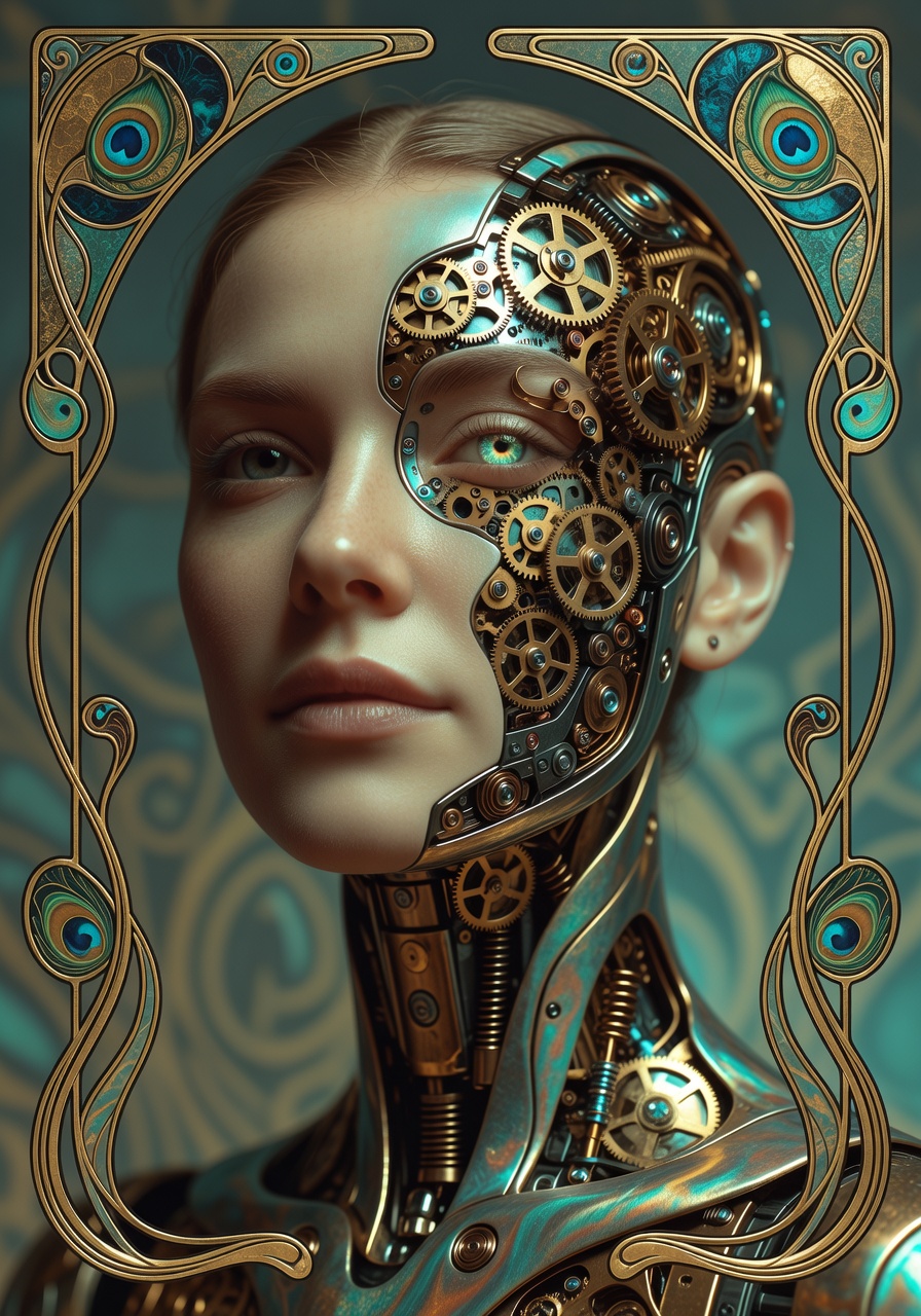 Android woman with clockwork face