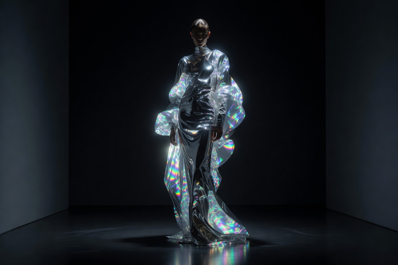 Futuristic fashion model in liquid mercury clothes
